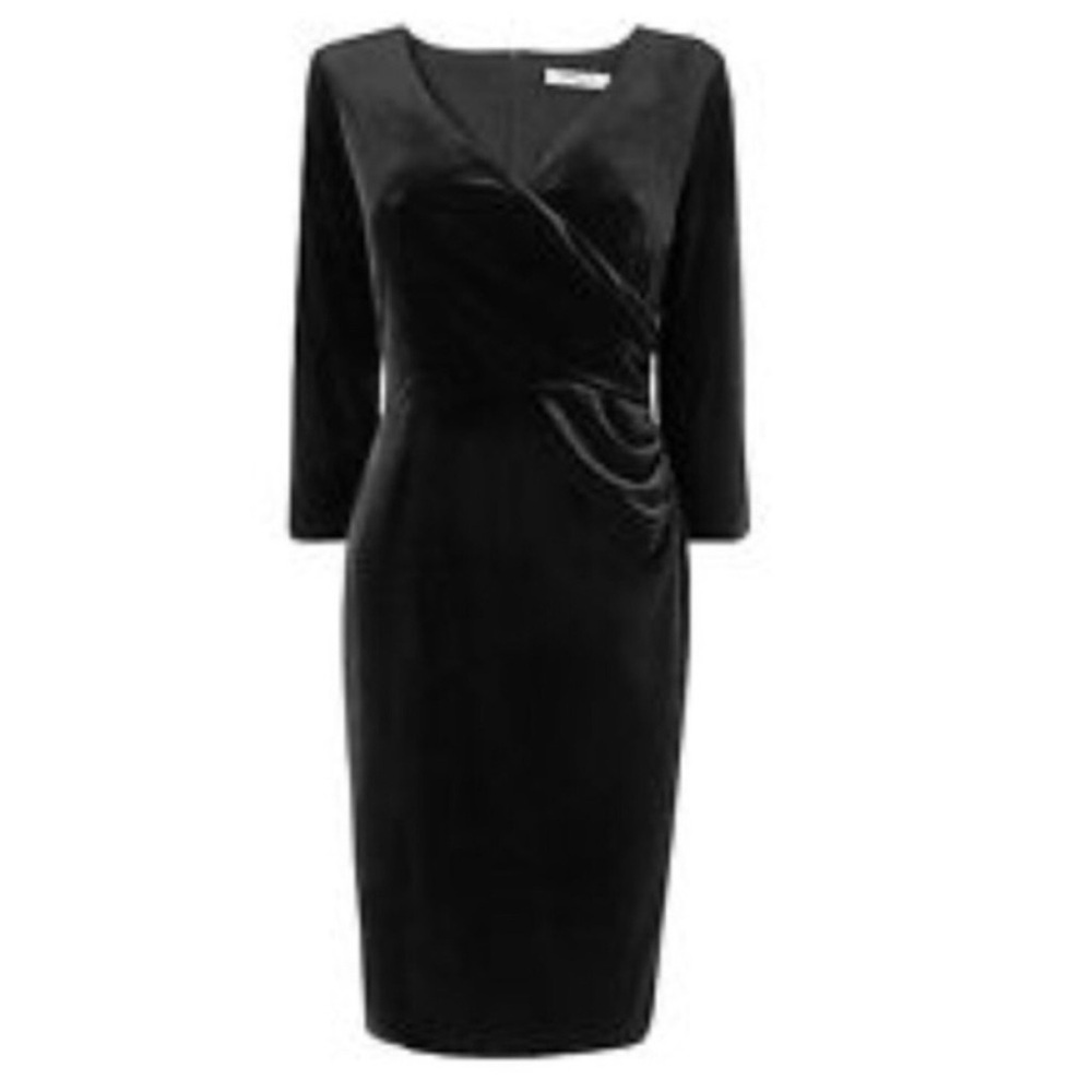L.K. Bennett Laurel Faux Wrap Dress Black Velvet Long Sleeves Size 14 Holiday